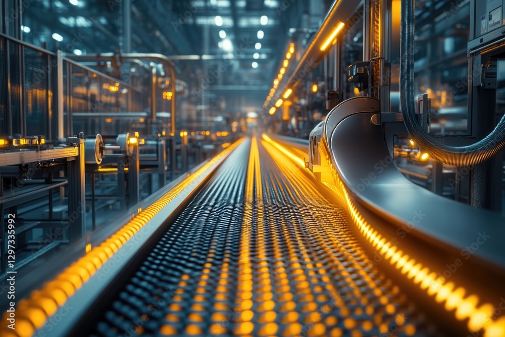 Illuminated Factory Conveyor Belt: Industrial Automation, Manufacturing Process, Metal Grid, Orange Lights Illuminated Factory Conveyor Belt: Industrial Automation, Manufacturing Process, Metal Grid, Orange Lights