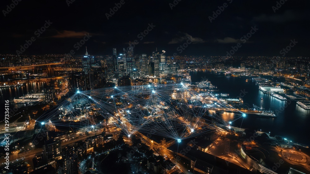 Fototapeta premium Cityscape at night, aerial view, illuminated, network connections, stock photo