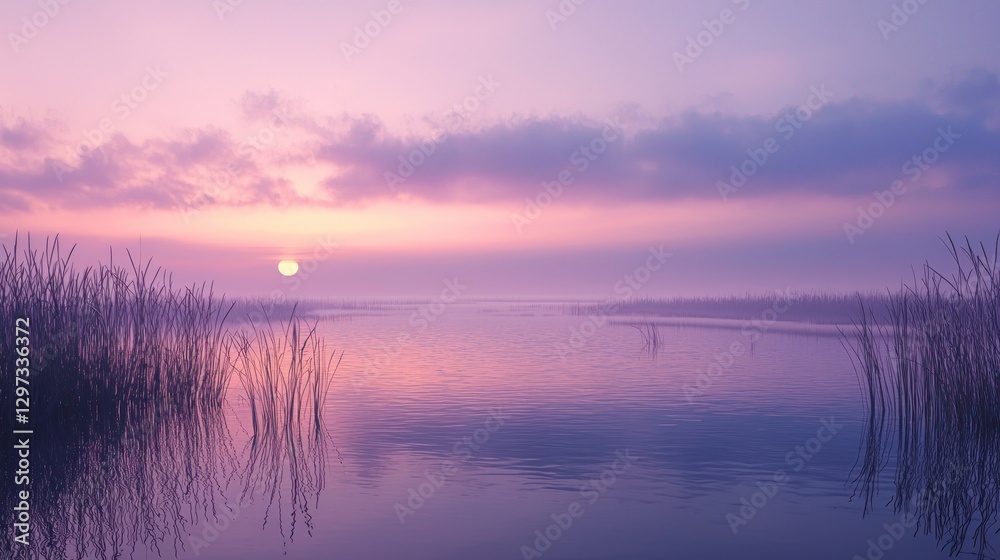 Serene sunrise over calm lake with misty fog and reeds. Serene sunrise over calm lake with misty fog and reeds.