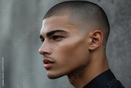 Profile of young hispanic male with buzz cut hairstyle against concrete background