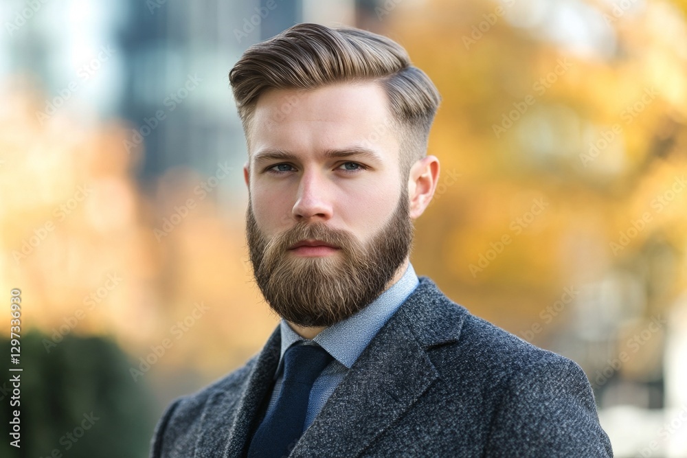 Young caucasian male with beard in gray coat on autumn day Young caucasian male with beard in gray coat on autumn day