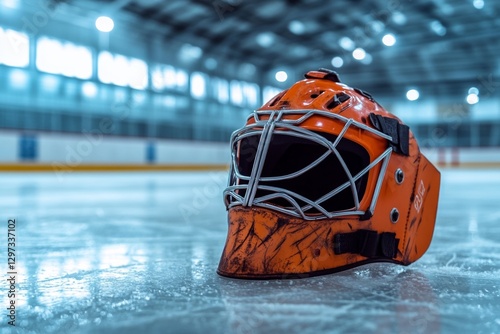 Orange hockey goalie mask on ice rink with blurred arena background