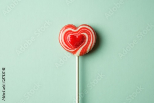 A single heart shaped lollipop candy on a pale teal surface photo