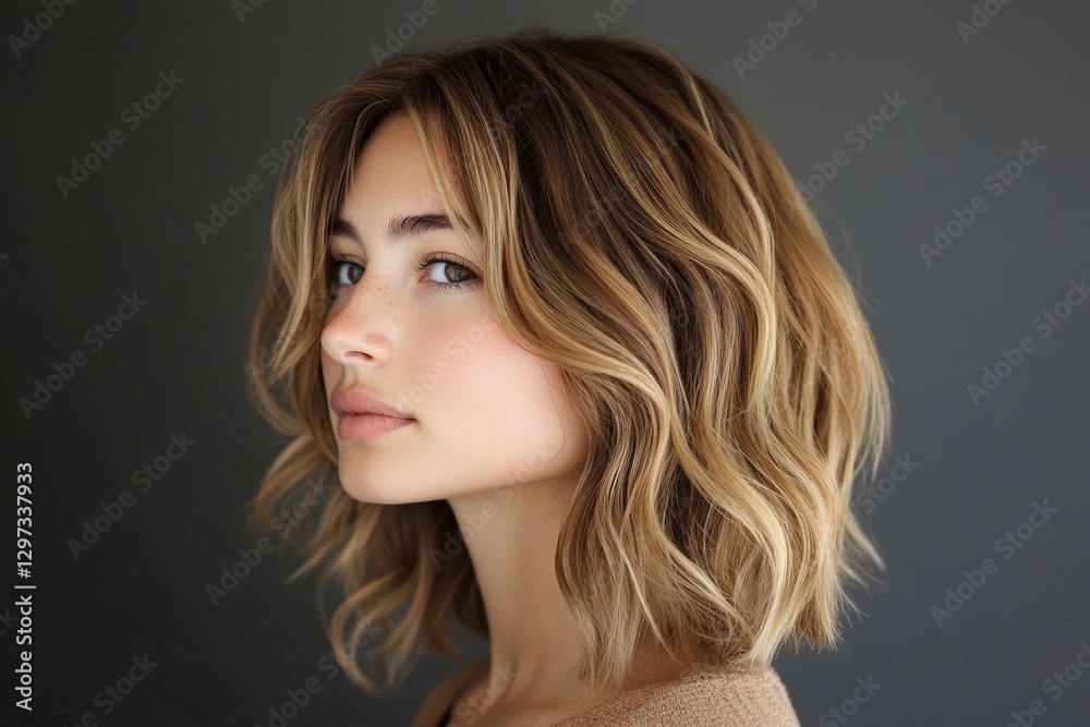 Young caucasian female with wavy blonde hair and thoughtful expression Young caucasian female with wavy blonde hair and thoughtful expression