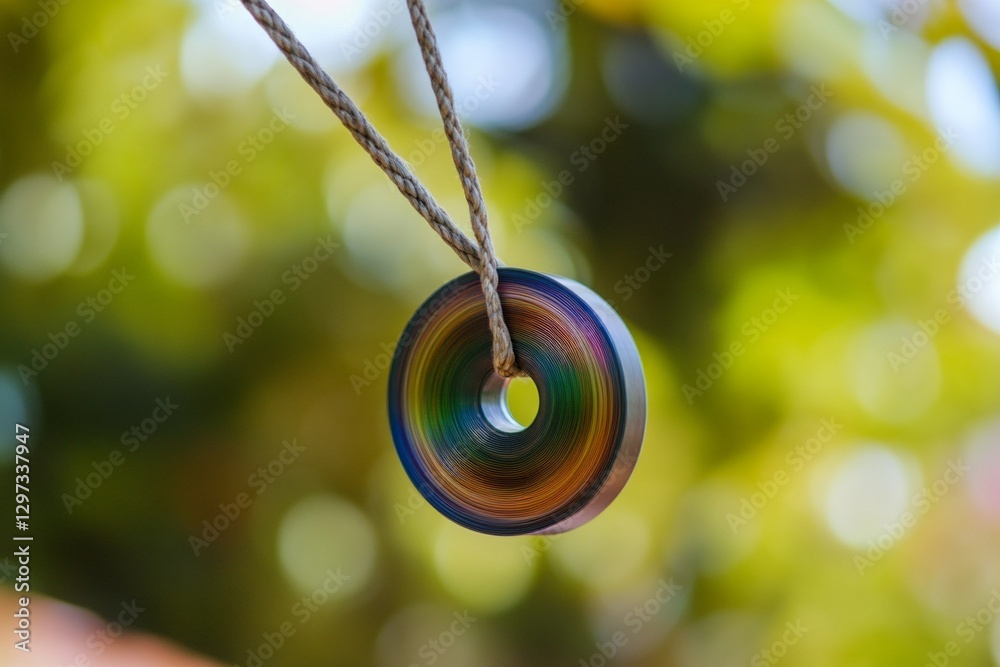 Colorful metal disc pendant on rope with green bokeh background Colorful metal disc pendant on rope with green bokeh background