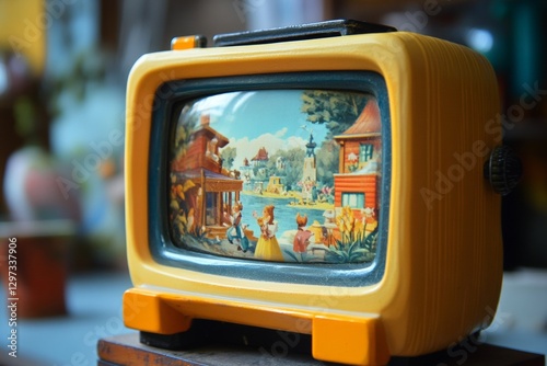 Vintage yellow toy tv with colorful fairy tale scene on screen