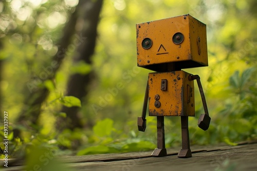 Rustic yellow robot figurine standing in lush green forest