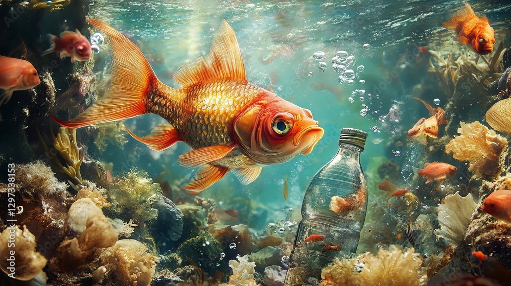 Naklejka premium Plastic Bottle with Fish: Ocean Pollution and Environmental Despair 