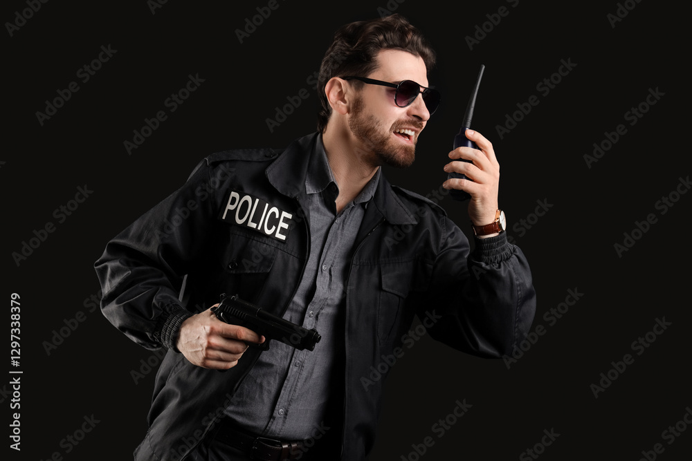 Male police officer with radio transmitter and gun screaming on black background Male police officer with radio transmitter and gun screaming on black background