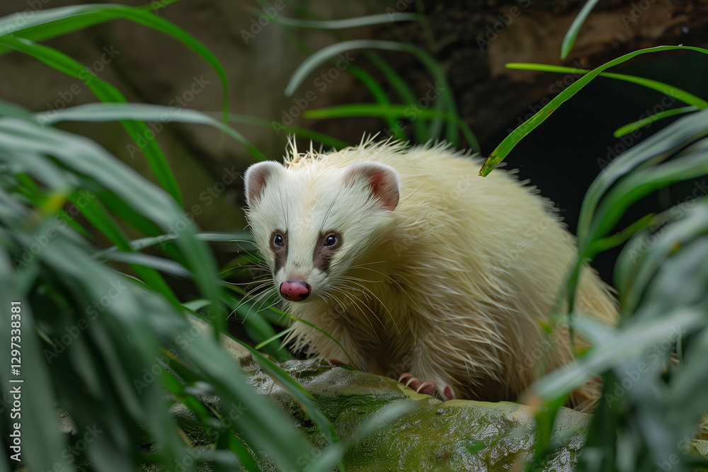 Naklejka premium Albino badger with pink nose among green leaves
