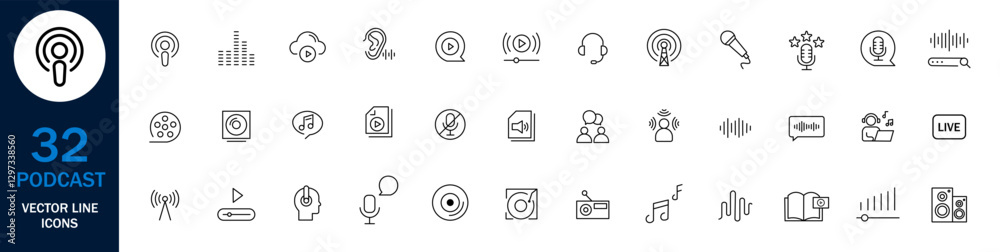 Podcast set of web icons in line style. Linear Podcast Icons Collection: Microphone, Radio, Broadcast & More