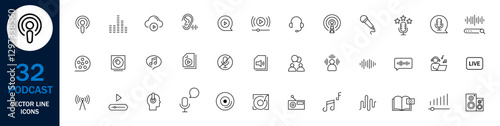 Obraz na płótnie Podcast set of web icons in line style. Linear Podcast Icons Collection: Microphone, Radio, Broadcast & More w salonie