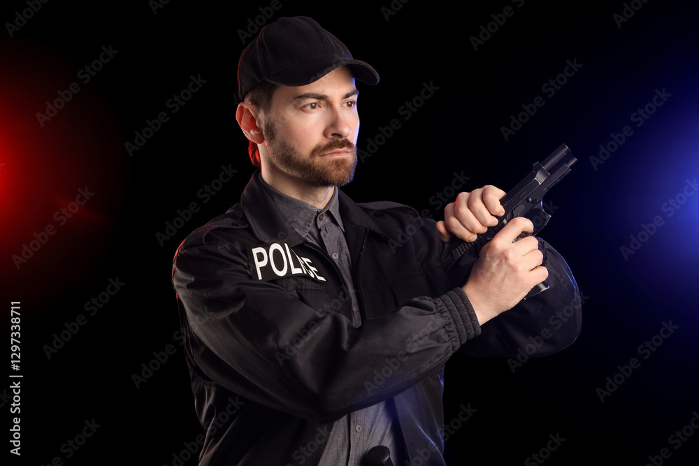 Male police officer with gun against flashing siren lights on black background Male police officer with gun against flashing siren lights on black background