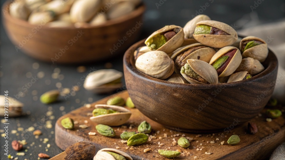 Natural pistachios in shells in a wooden bowl, close-up. Healthy eating and snack concept.
Natural pistachios in shells in a wooden bowl, close-up. Healthy eating and snack concept.
