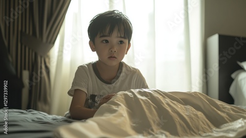 Young boy sitting on edge of his bed with a worried expression, holding a wet bedsheet. emotional aspect of childhood enuresis photo