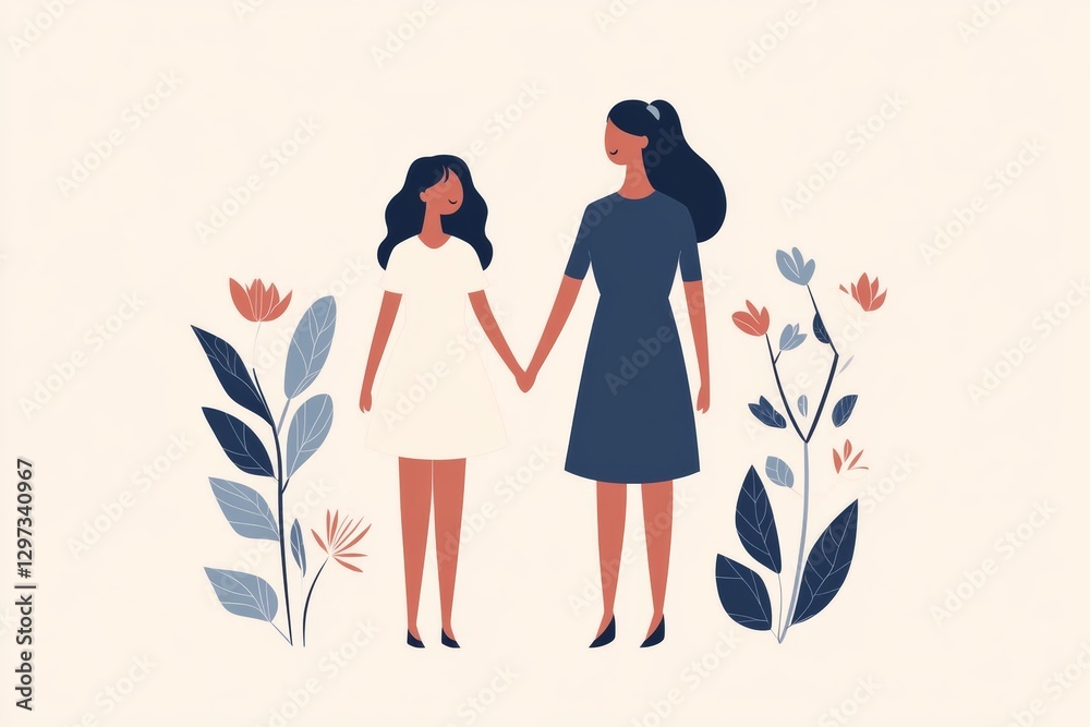 March 8 celebration, Mother's Day, mother and daughter holding hands, symbolizing generational empowerment and strength, minimal flat illustration March 8 celebration, Mother's Day, mother and daughter holding hands, symbolizing generational empowerment and strength, minimal flat illustration