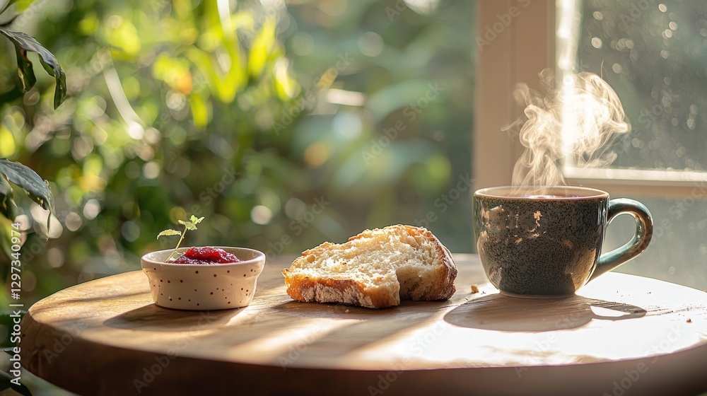 Sunny morning tea with bread and jam. Sunny morning tea with bread and jam.