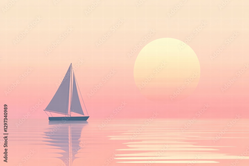 Naklejka premium Sailboat gliding peacefully across calm waters at sunset with vibrant pastel colors. Generative AI
