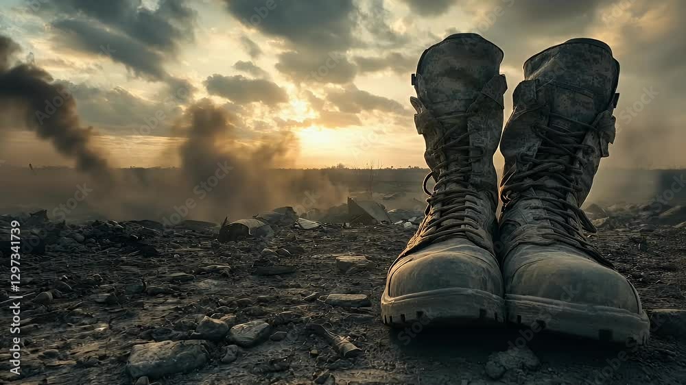 Worn Military Boots Amidst a Desolate War Landscape Featuring Dark Smoke Clouds and a Dramatic Sky at Sunset in a Textured Ground Evoking a Somber Post Apocalyptic Atmosphere