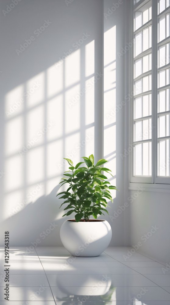 Tranquil Green Tree in a White Pot Sitting in the Corner of a Clean White Room Illuminated by Soft Sunlight Coming Through the Window interior Stock Photo Tranquil Green Tree in a White Pot Sitting in the Corner of a Clean White Room Illuminated by Soft Sunlight Coming Through the Window interior Stock Photo