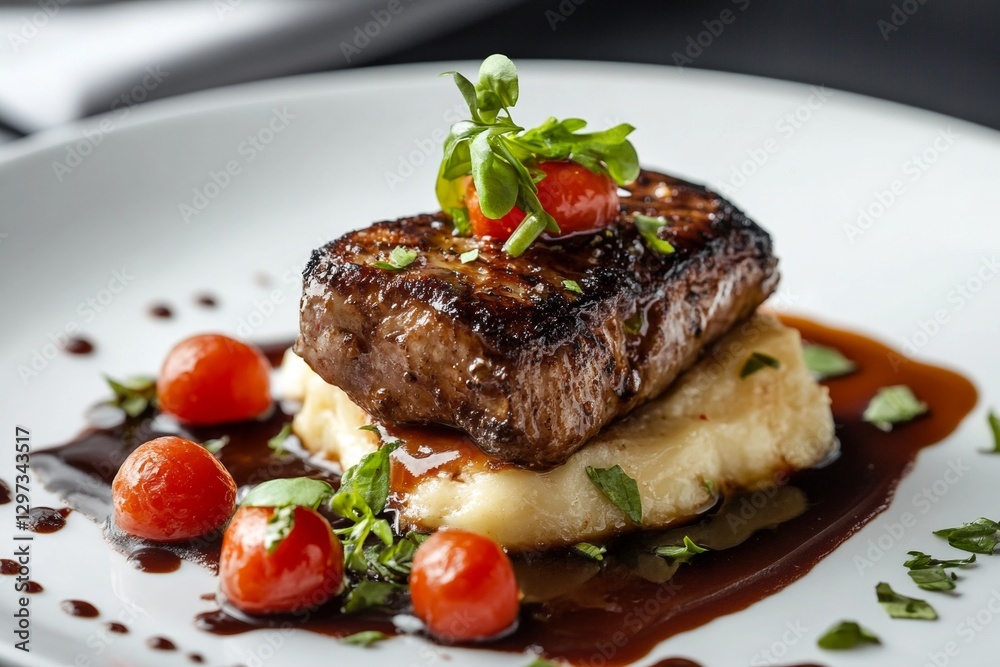 Grilled steak with mashed potatoes, cherry tomatoes, and herb garnish on white plate Grilled steak with mashed potatoes, cherry tomatoes, and herb garnish on white plate