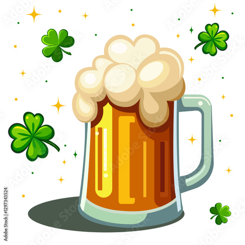 St. Patrick's Day Beer Mug. Saint Patrick's Day element traditional glass of beer and four clover on white background. Trendy template for Happy St Patrick's day with clovers, beer mug holiday design