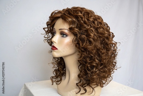 Brown curly wig displayed on mannequin head with makeup