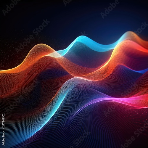 A futuristic background of glowing light blue and green lines, data particles flowing in the air. Streaming data. Data Flow.