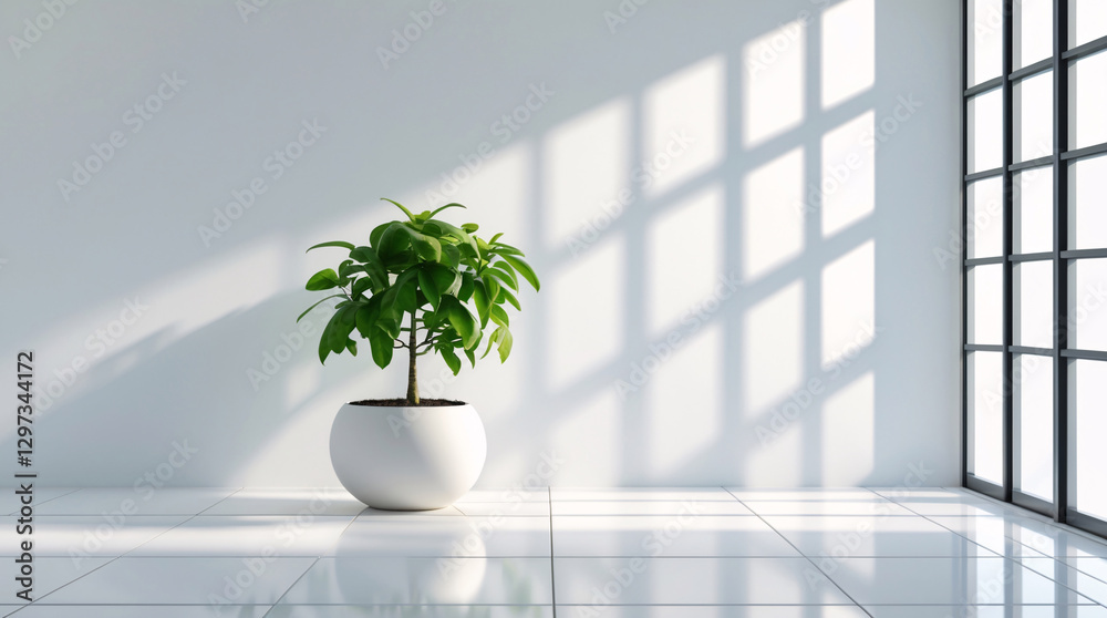 Fototapeta premium Bright Indoor Corner with a Small Green Tree in a White Pot Bathed in Sunlight Streaming Through a Nearby Window Filling the Clean White Room with Natural Light interior Stock Photo