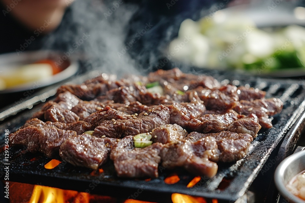Grilled korean barbecue meat on charcoal grill with smoke rising Grilled korean barbecue meat on charcoal grill with smoke rising