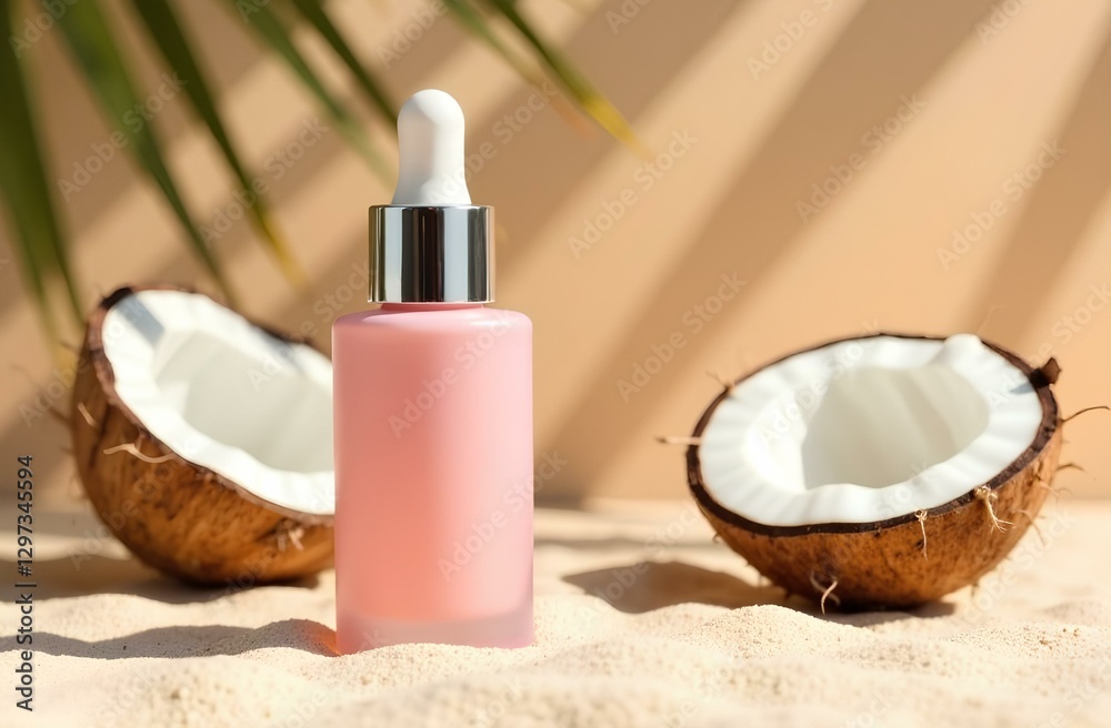 Mockup of glass matte pink bottle with dropper isolated on beige background, coconuts and palm tree Mockup of glass matte pink bottle with dropper isolated on beige background, coconuts and palm tree