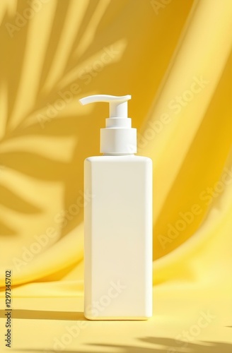 White plastic lotion bottle mockup isolated on yellow background, cream square bottle with pump, product demonstration