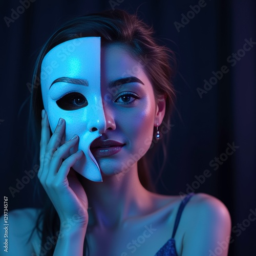 Woman removes white mask in close-up, showing dual emotions on dark backdrop, symbolizing duplicity