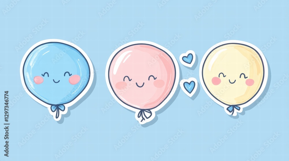 Cute cartoon balloons in pastel colors with happy faces and heart decorations for cheerful celebrations. Generative AI