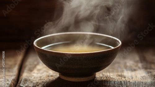 Steaming hot broth in a rustic bowl.