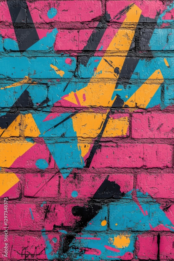 Fototapeta premium Poster 80's, 90's. Retro banner futuristic background. Painted brick wall. Colorful paint on bricks.