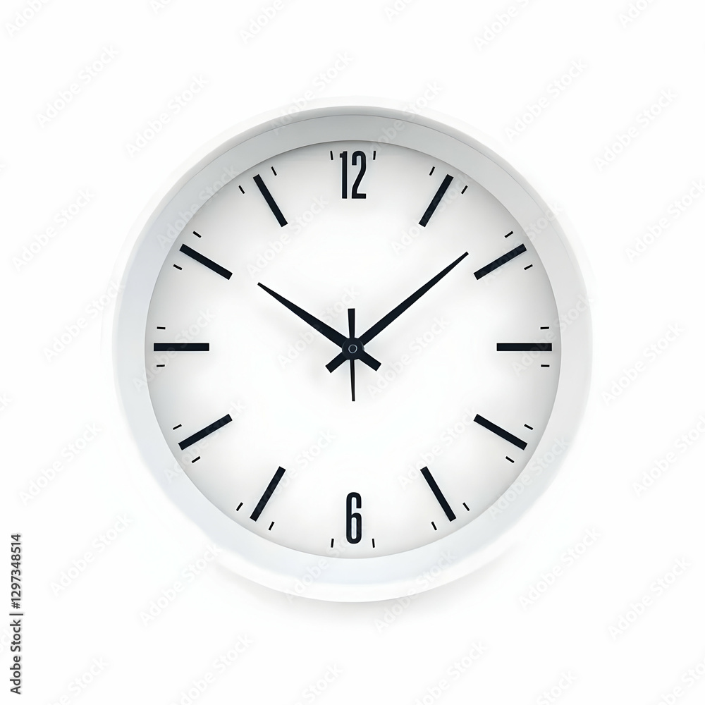 A white circular analog clock displays the time accurately A white circular analog clock displays the time accurately