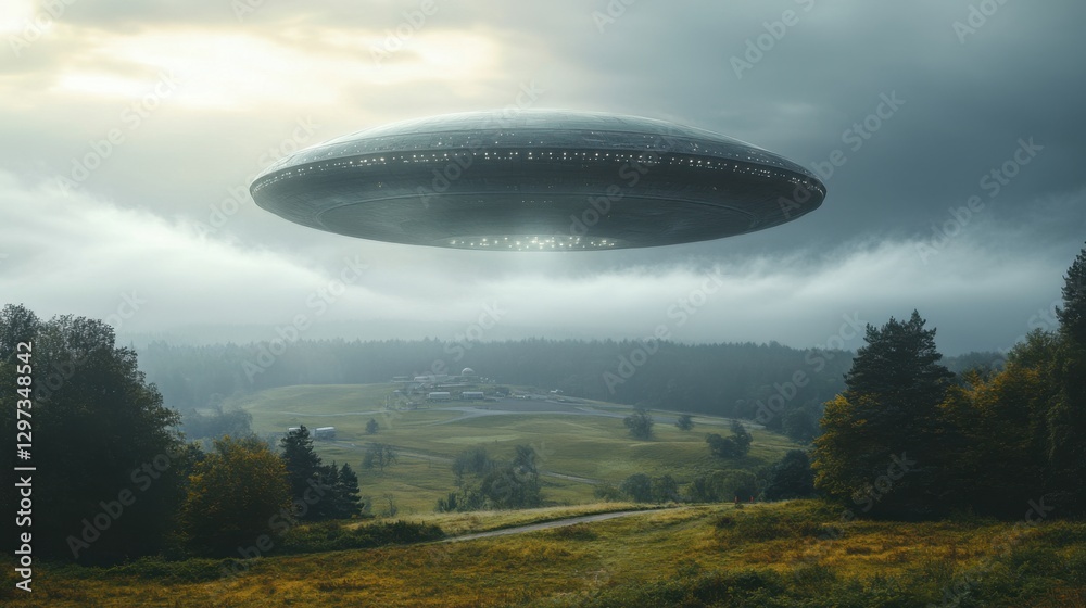 Fototapeta premium Flying saucer hovers over foggy field. Object in sky. Mystery in the air. Woods and green grass. Strange ship flying.