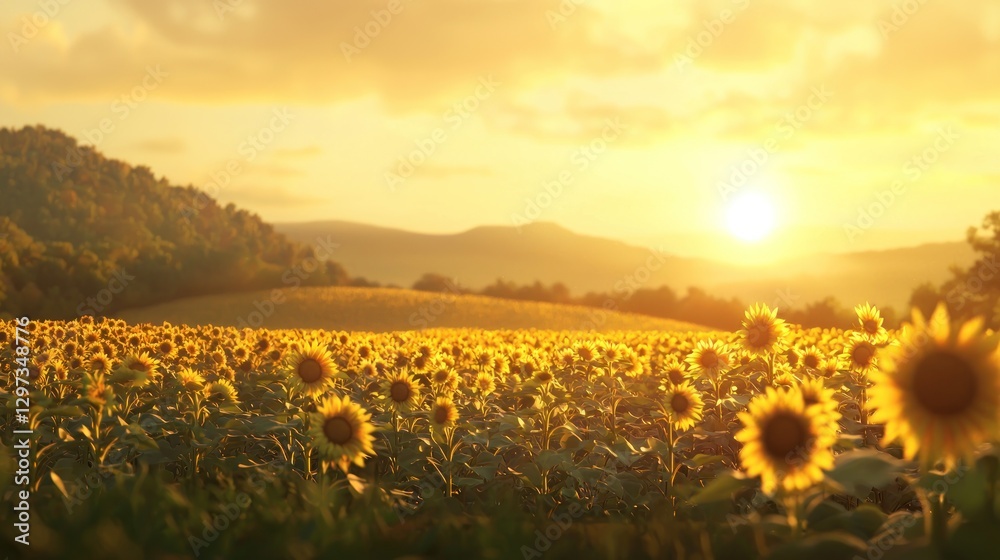 Fototapeta premium Sunlit sunflower field at sunset with mountains.