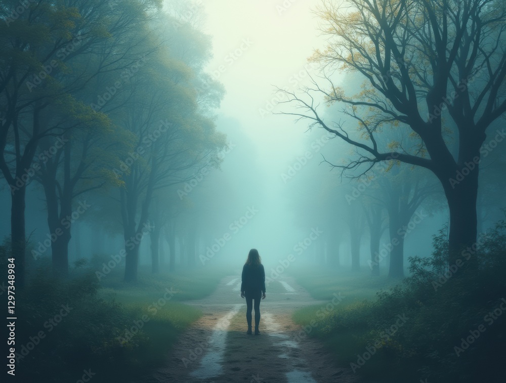 A creative illustration of a person standing at a crossroad with many paths, surrounded by trees and fog, representing indecision and the uncertainty of mental health challenges. A creative illustration of a person standing at a crossroad with many paths, surrounded by trees and fog, representing indecision and the uncertainty of mental health challenges.