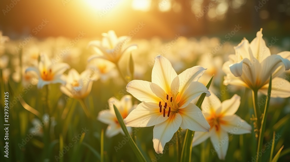 Fototapeta premium A vibrant field of Easter lilies at golden hour, white petals glowing in soft sunlight, serene and peaceful outdoor garden setting.