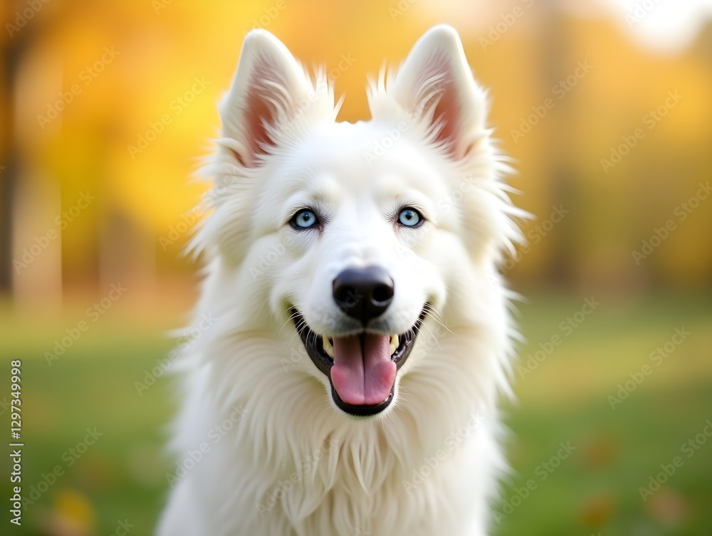 Close-Up of a Happy Fluffy White Dog in a Sunny Park with Blue Eyes and Autumn Background Close-Up of a Happy Fluffy White Dog in a Sunny Park with Blue Eyes and Autumn Background