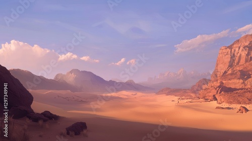 Vast desert landscape with sandstone mountains under a sunset sky.