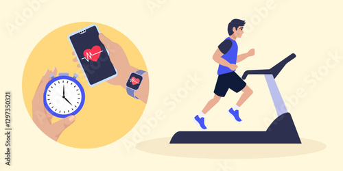 Man running on treadmill monitoring heartbeat with smartwatch and stopwatch