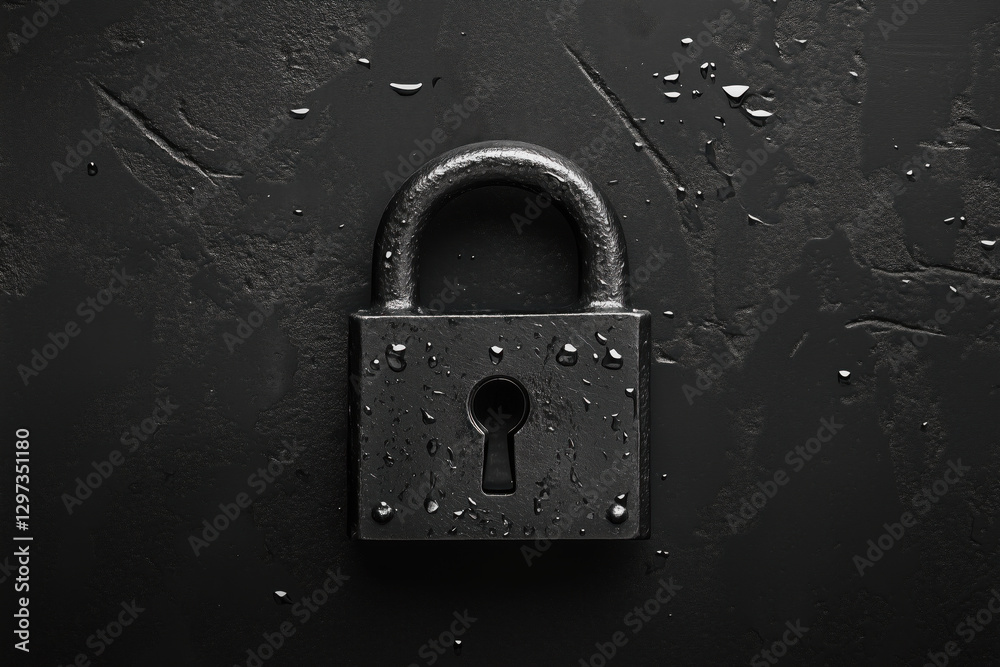 Steel padlock on the black textured background Steel padlock on the black textured background