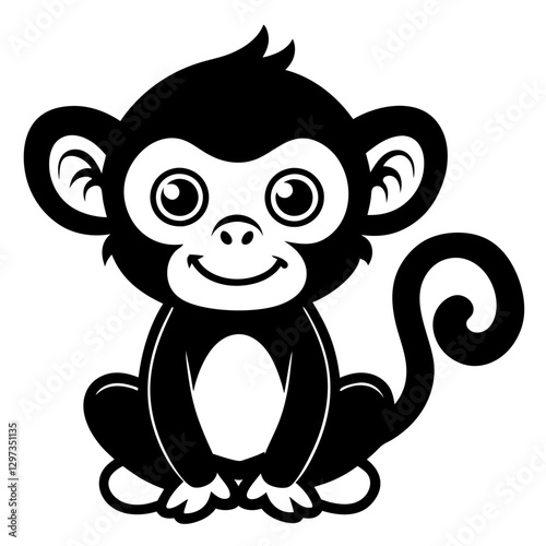 a cute monkey cartoon sitting and smiling, with big eyes. The image is in black and white, with a friendly and happy expression vector illustration