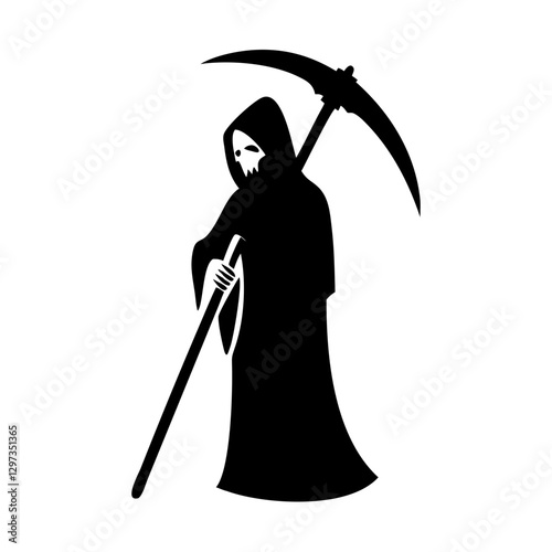 the grim reaper, a black and white image of a cloaked figure holding a scythe, stands alone vector illustration