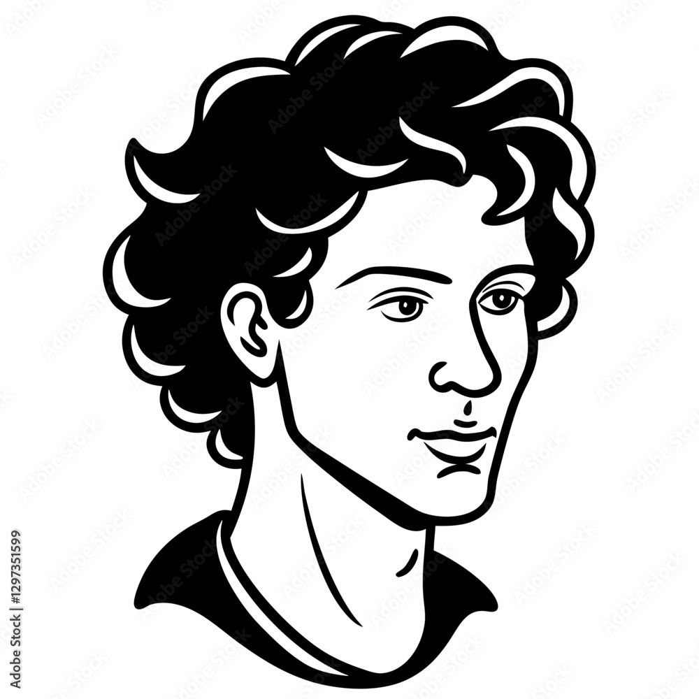 a portrait of a young man with curly hair, looking slightly off to the side vector illustration a portrait of a young man with curly hair, looking slightly off to the side vector illustration