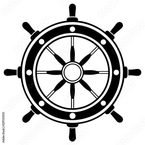 a black and white close-up of a ship's steering wheel, symbolizing navigation and control. This classic design is isolated on a clean backdrop.