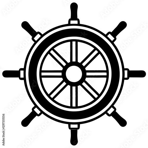 an illustration of a classic ship's wheel, rendered in black and white with clean lines and nautical design vector illustration